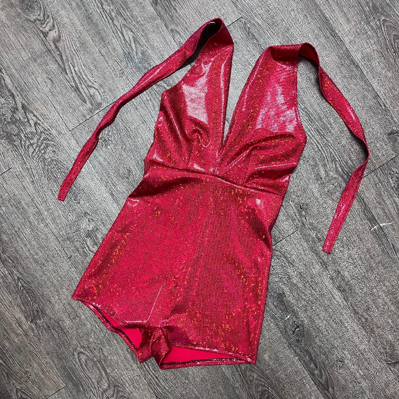Sleeveless Bodysuits for a Cool and Casual Summer LookHalter Romper - Red Shattered Glass Holographic