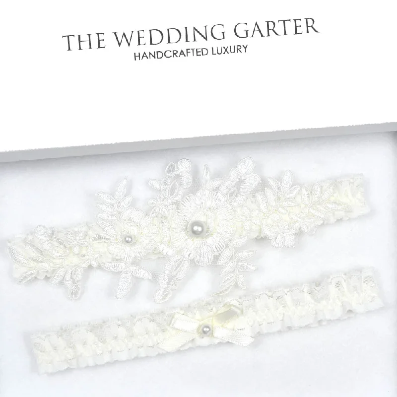 beaded women garters designsIvory Lace & Pearl Wedding Garter Set With Floral Applique
