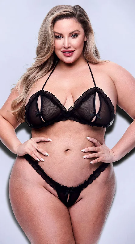 bralette with underwire for added supportPlus Size Peekaboo Ruffled Crotchless Bra Set