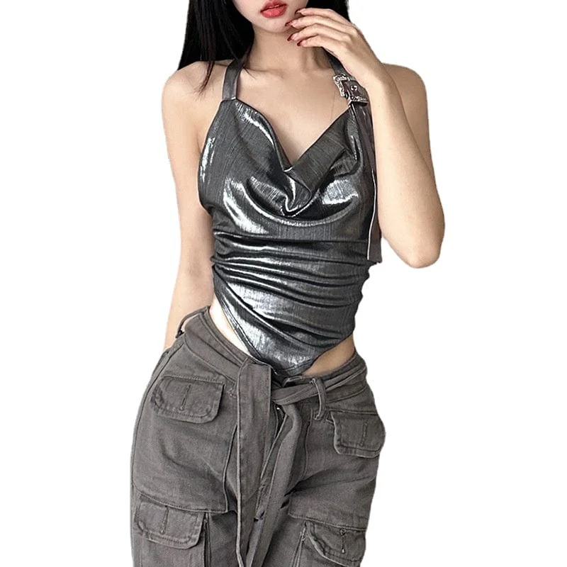 low - cut women bustiers and corsetsWomen's Punk Ruched Glistening Halterneck Bustier