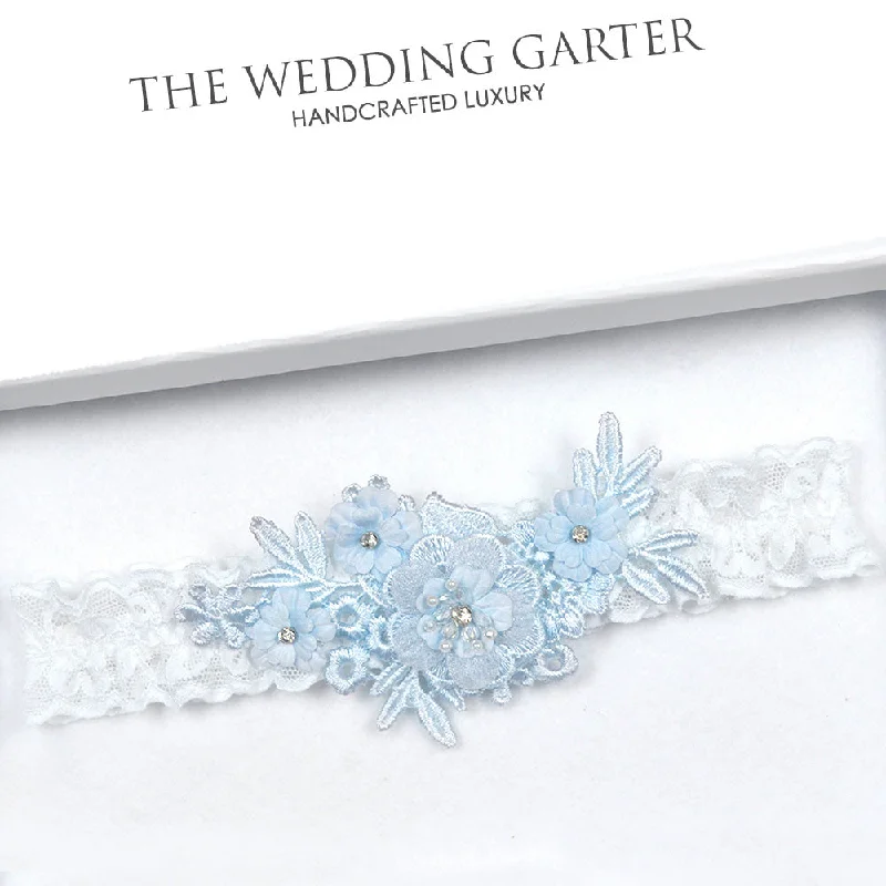 eco - friendly women garters materialsBlue & White Floral Applique Lace Wedding Garter
