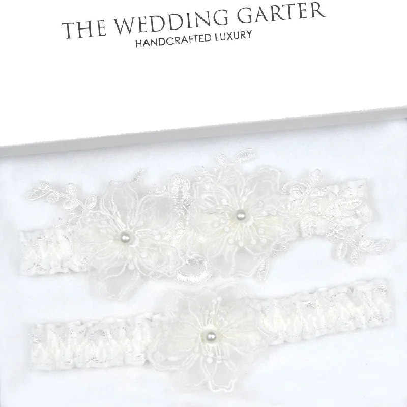 bridal women garters with laceOrganza Floral Applique Ivory Wedding Garter Set