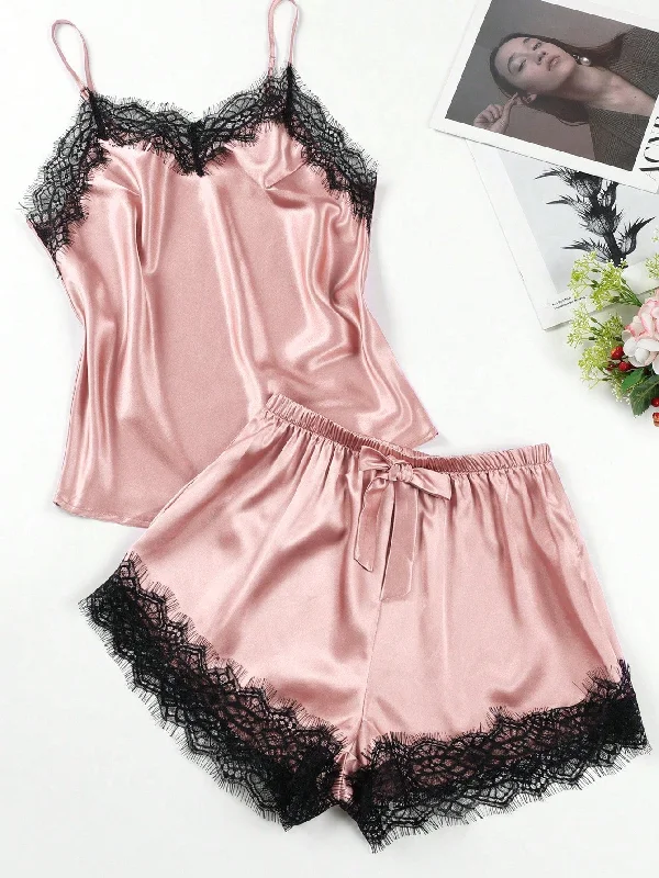 solid color women camisoles & tanks for easy matching2pcs/Set Satin & Lace Patchwork Camisole And Pajama Set