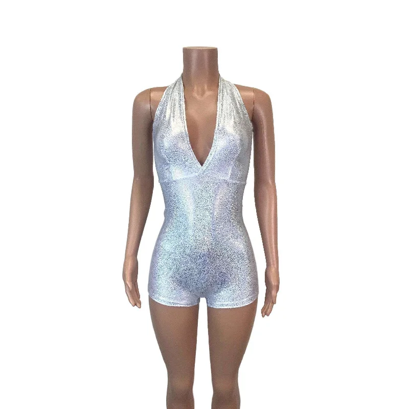 Compression Bodysuits for Post - Workout RecoveryHalter Romper - Silver Holographic