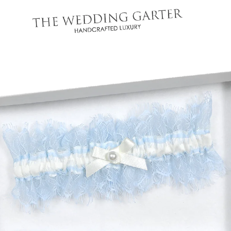 handmade women garters craftsmanshipNina Pale Ivory Satin and Blue Eyelash Lace Trim Bridal Garter
