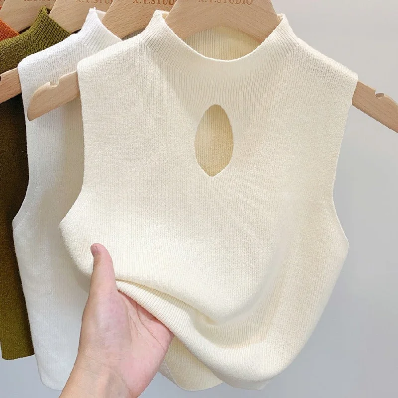 geometric pattern women camisoles & tanks for modern fashionHalf turtleneck knitted camisole vest for women
