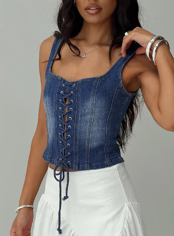 clubbing women bustiers and corsetsPackston Lace Up Denim Top Mid Wash