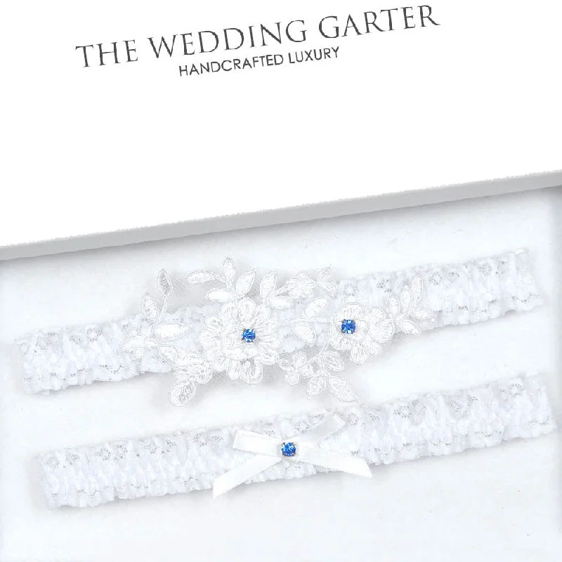 colorful women garters for funSomething Blue White Lace Applique Brides Garter Set