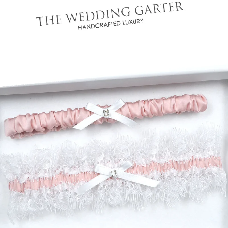 silk women garters luxuryEdie Powder Pink & Chantilly Lace Satin Wedding Garter Set (15 Colours)