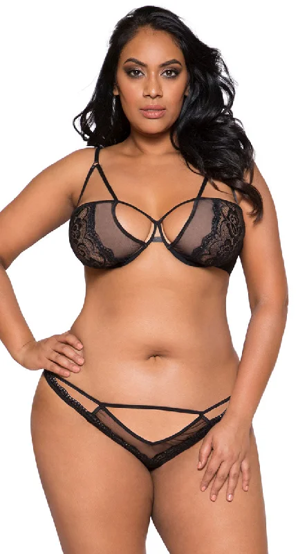 plus size bras with good supportPlus Size Sheer Mesh Strappy Bra Set
