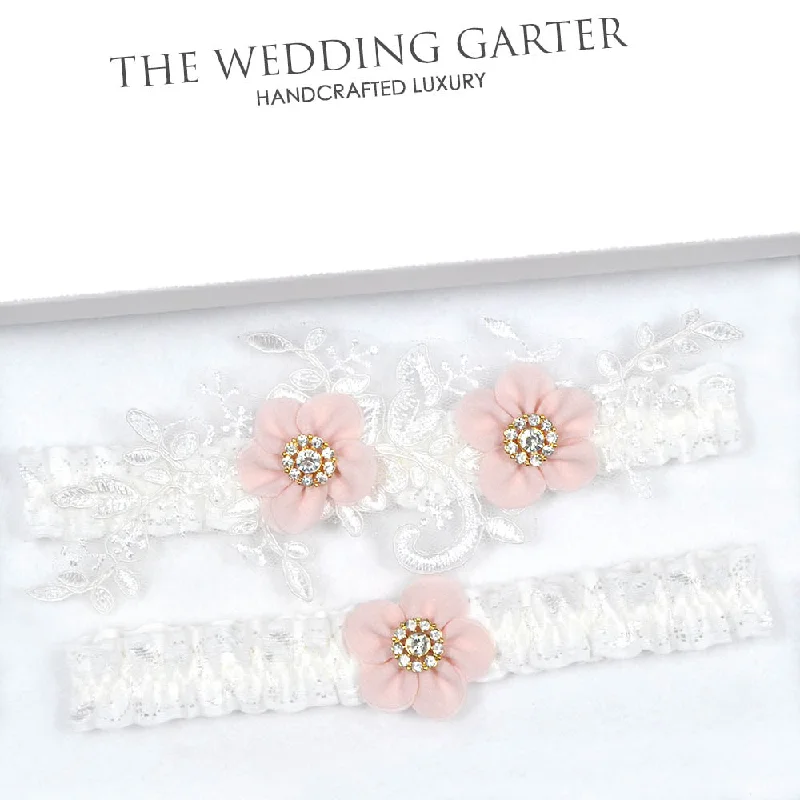 statement - making women gartersIvory Lace Applique Garter Set With Pink Flowers