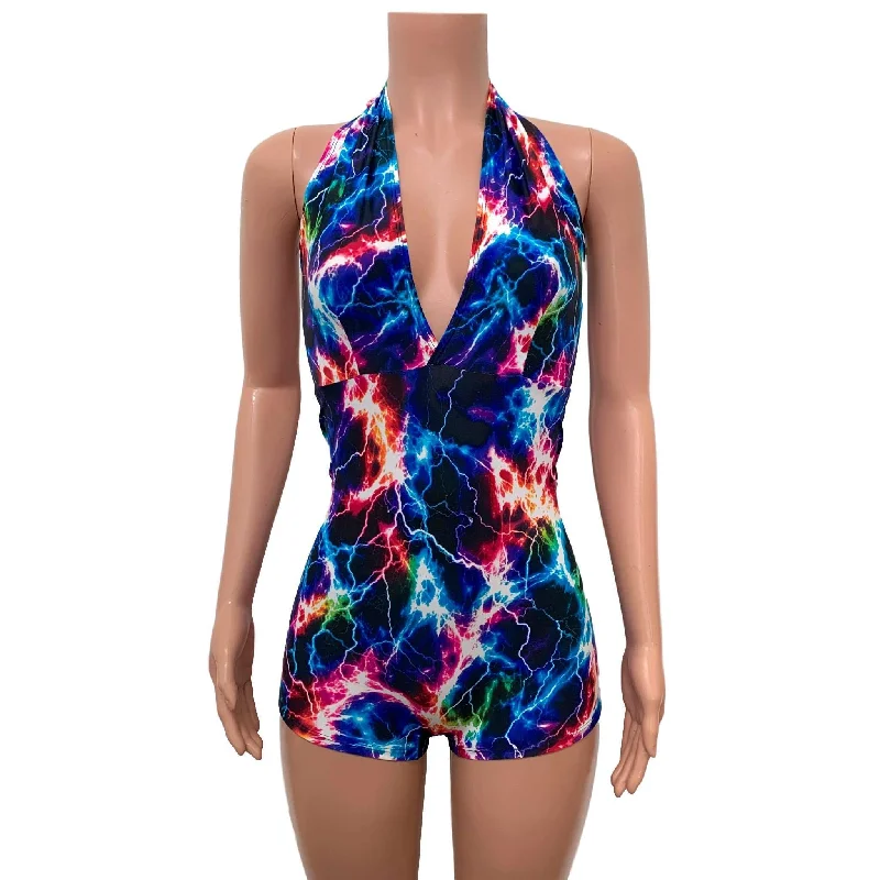 Crop Bodysuits to Pair with High - Waisted BottomsSALE - Halter Romper - Cosmic Thunder UV Glow Crop Bodysuits to Pair with High - Waisted BottomsSALE - Halter Romper - Cosmic Thunder UV Glow