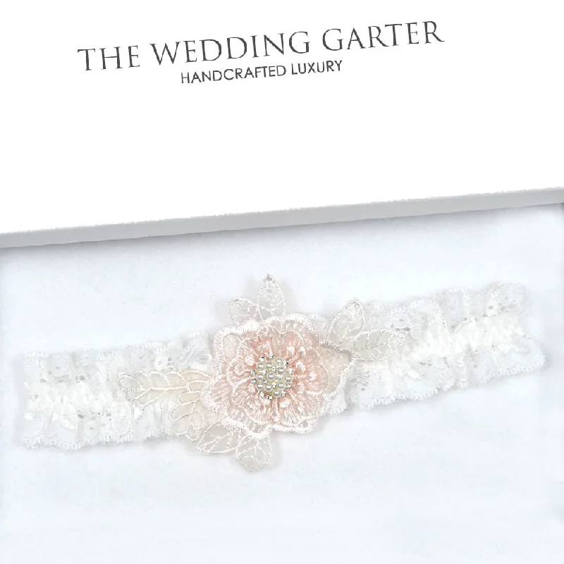 easy - to - put - on women gartersMila Pink & Ivory Floral Garter With Pearl Feature