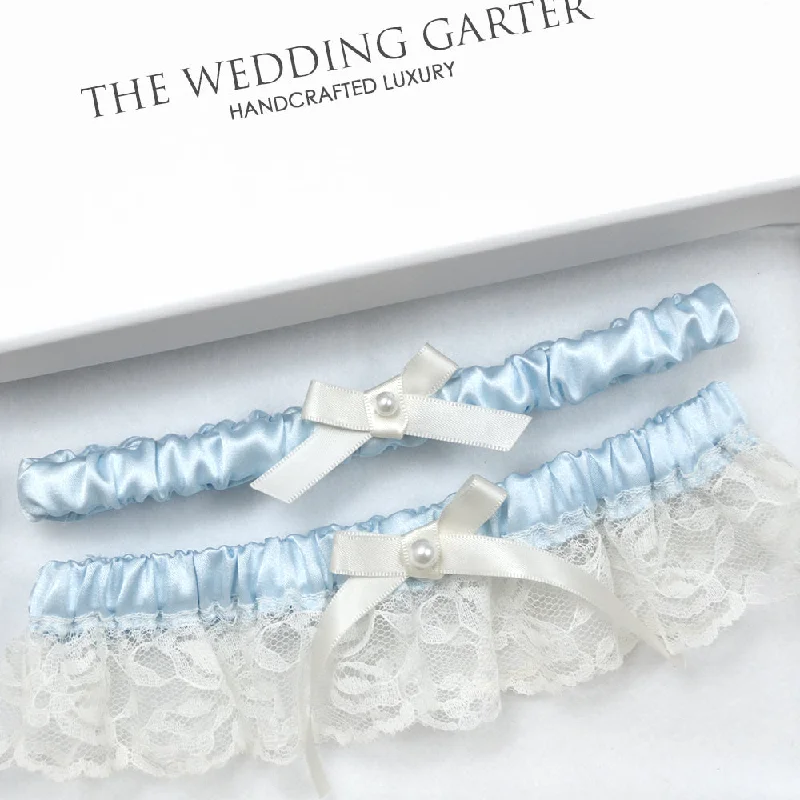 elastic women garters for comfortSky Blue Satin & Ivory Lace Wedding Garter Set With Toss Garter
