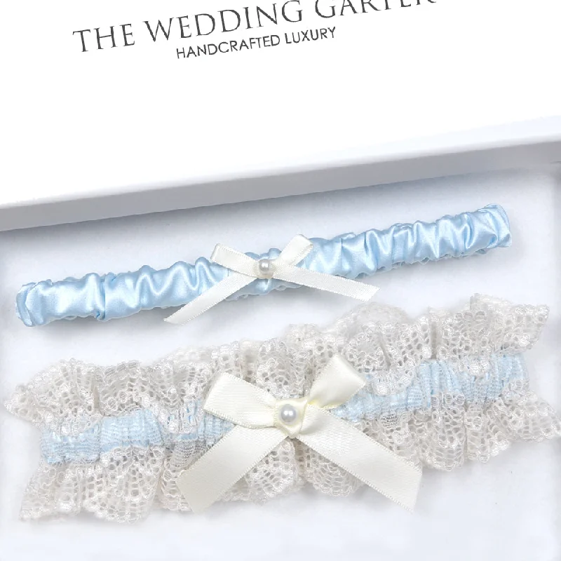 front - fastening women gartersLila Nude Lace Blue Bridal Garter Set For Something Blue