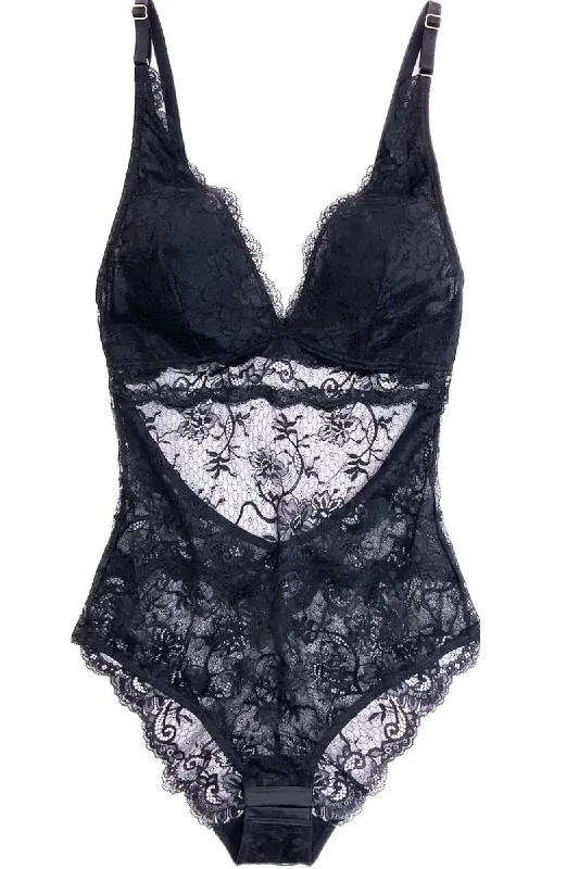 Metallic Bodysuits for a Glitzy and Glamorous Night OutAll Lace Amour Bodysuit in Dark/Navy Black