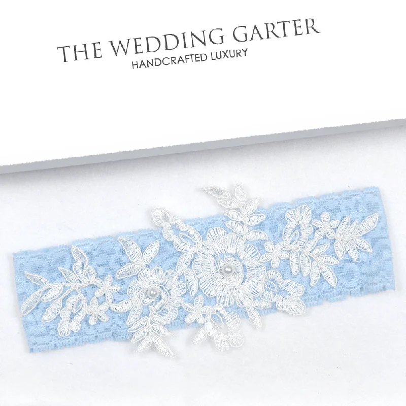 petite women garters fitTilly Blue Stretch Lace Bridal Garter With Ivory Applique