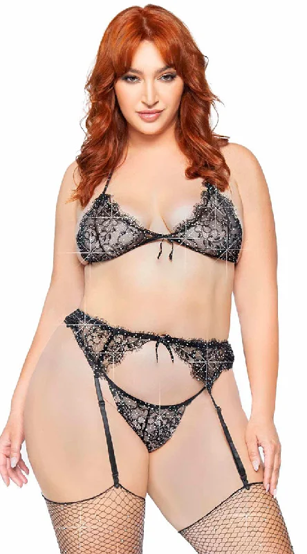 strapless lace bras for formal eventsPlus Size Rhinestone Eyelash Lace Bra Set