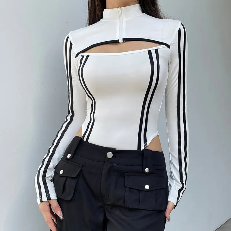 Cut - Out Bodysuits for a Trendy and Fashion - Forward StyleCyberpunk Striped Cut Out Bodysuit Cut - Out Bodysuits for a Trendy and Fashion - Forward StyleCyberpunk Striped Cut Out Bodysuit