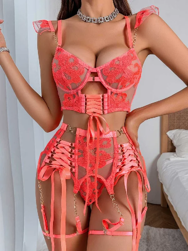 plunge bras for low cut topsFloral Embroidered Lace Up Bra Set