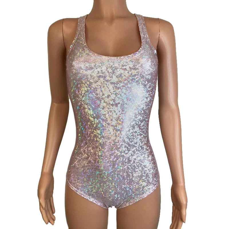 Ruffled Bodysuits with a Playful and Feminine TouchBlush Pink Shattered Glass Holographic Bodysuit