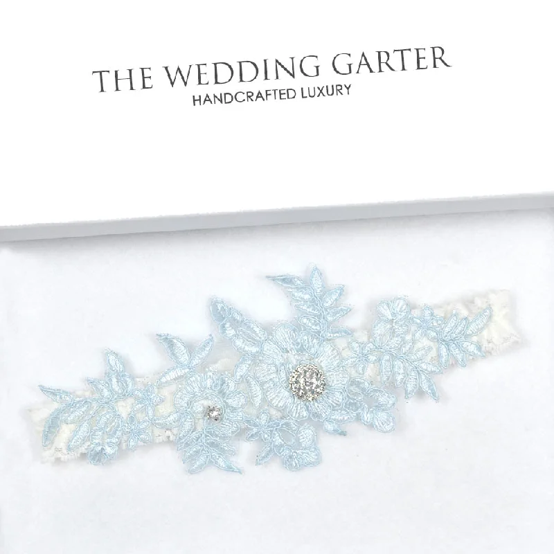 black women garters for eleganceIvory Floral Lace With Blue Applique Bridal Garter