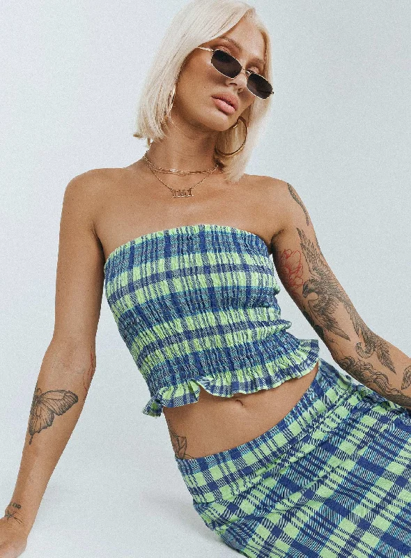 one - size - fits - all women tube top for convenienceMotel Kiyo Top Colourpop Check Blue