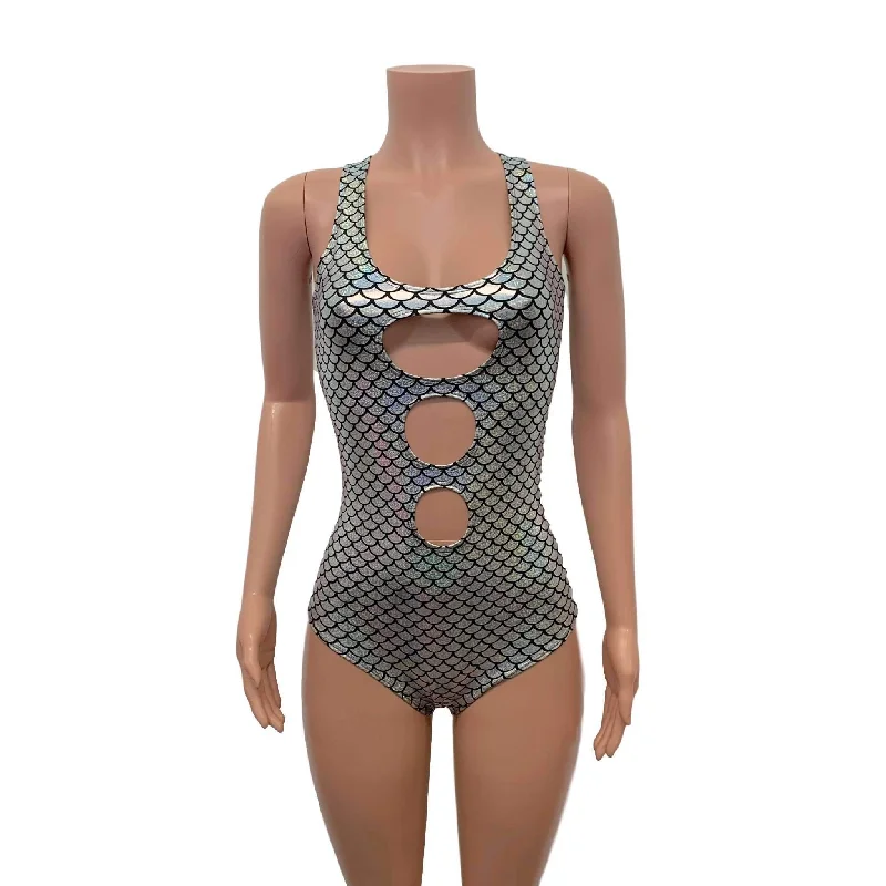 Ruffled Bodysuits with a Playful and Feminine TouchKeyhole Bodysuit - Silver Mermaid Scale Holographic Ruffled Bodysuits with a Playful and Feminine TouchKeyhole Bodysuit - Silver Mermaid Scale Holographic