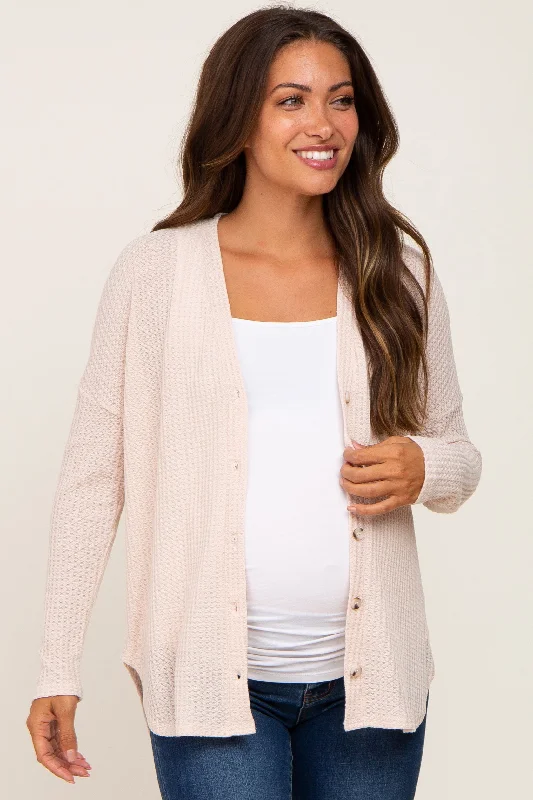 strapless bras for backless dressesBeige Waffle Knit Button Down Maternity Top