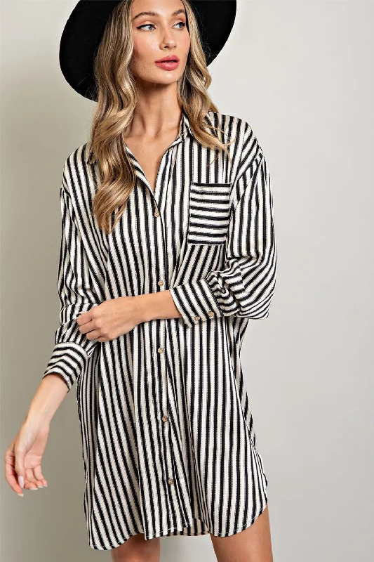 bralette sports bras for light exerciseBlack Cream Striped Collared Button-Down Dress