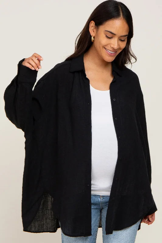 wireless bras for a natural feelBlack Lightweight Sheer Button Down Maternity Blouse