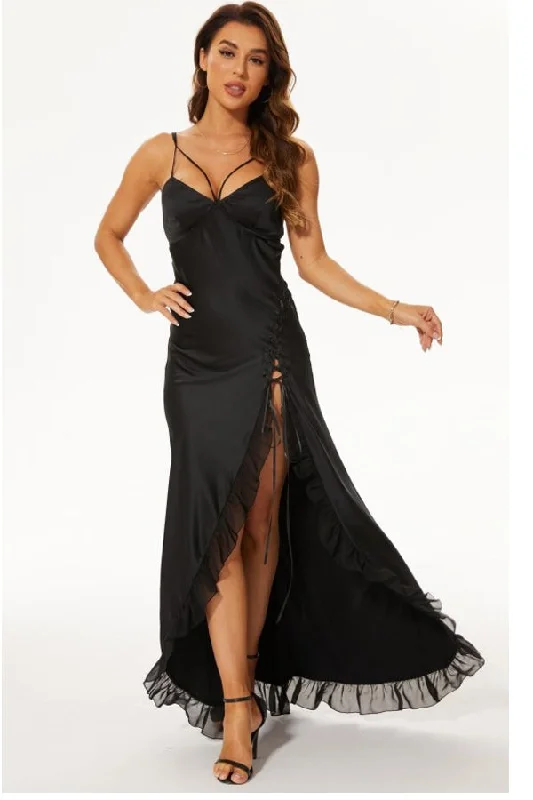 women sexy dresses with bead - embroidered bodicesBlack Satin Spaghetti Strap Ruffle Dress