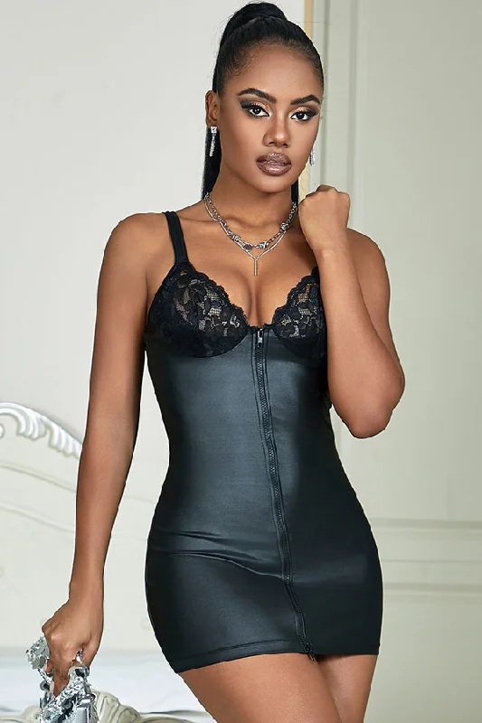 open cup women sexy lingerieBlack Sexy Zippered Faux Leather Bodycon Dress