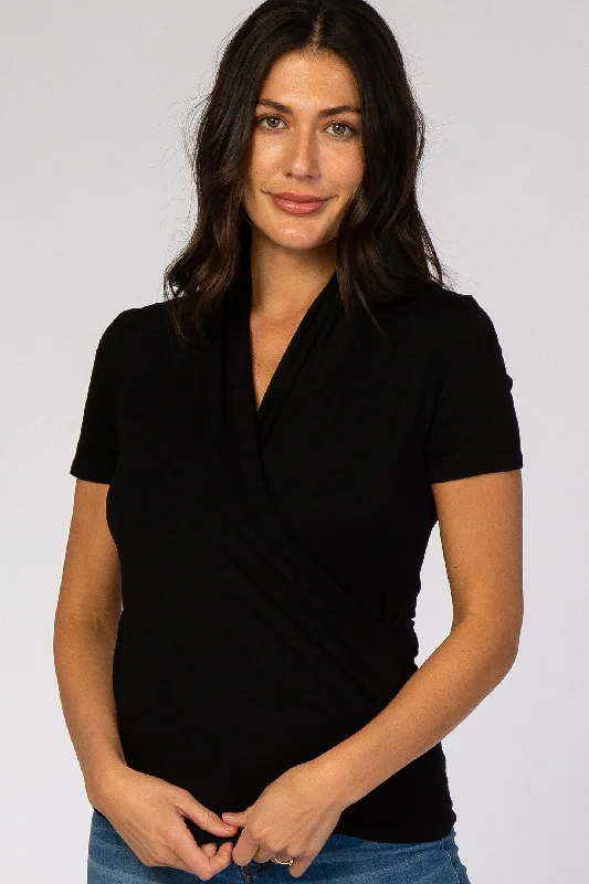 balconette push up bras for a lifted lookBlack Short Sleeve Wrap Front Nursing Top