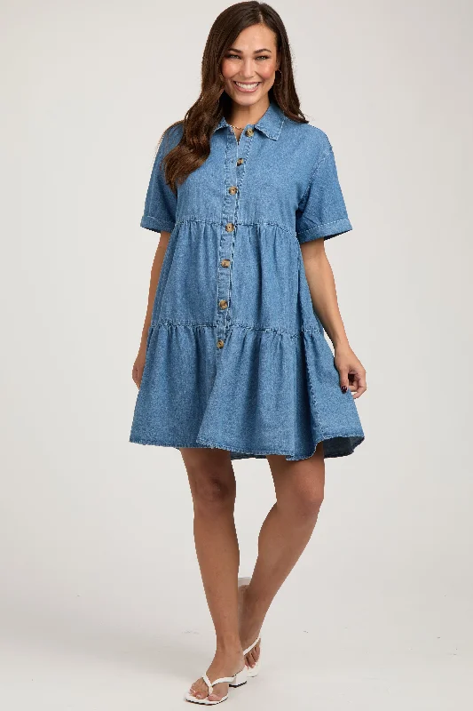 plunge push up bras for a bold lookBlue Denim Button Down Tiered Maternity Dress