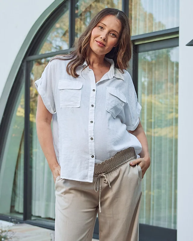 full cup nursing bras for better milk flowBrooke Maternity Short Sleeve Cargo Linen Shirt - White