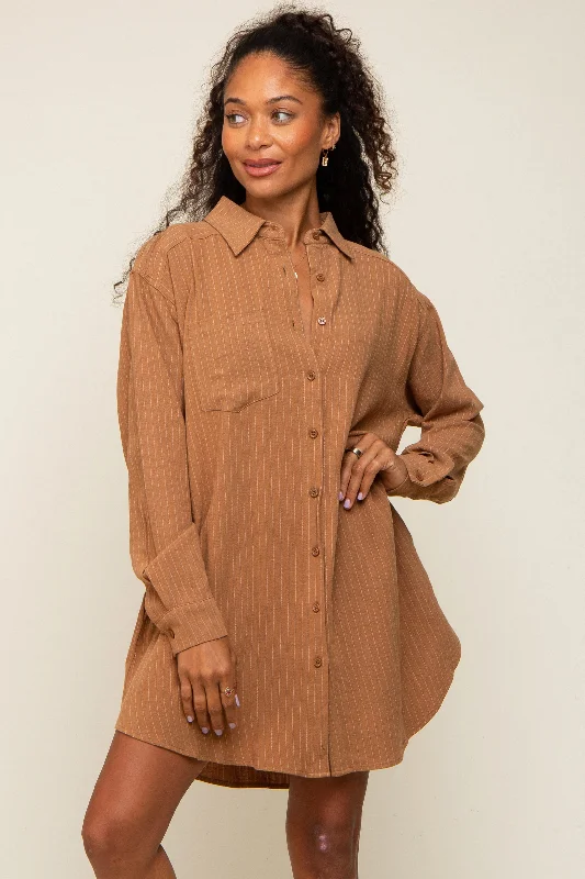 plunge wireless bras for a natural lookCamel Pinstriped Button-Down Linen Dress