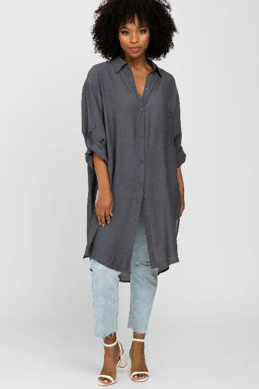 padded wireless bras for light supportCharcoal Button Front Side Slit Oversized Blouse