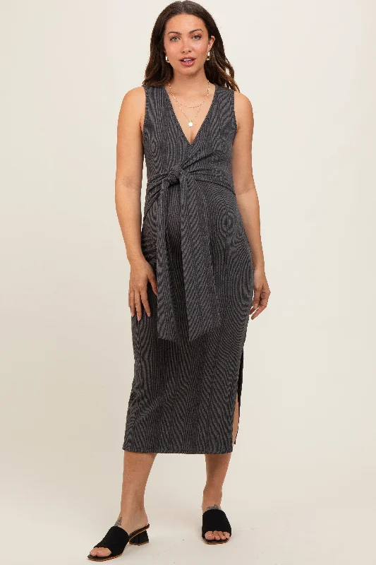 plunge t - shirt bras for a sleek appearanceCharcoal Ribbed Wrap Maternity Midi Dress