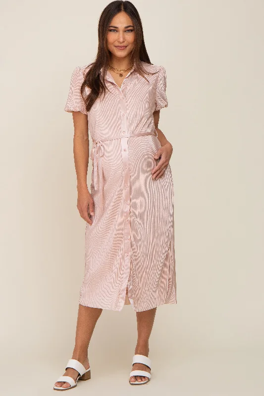 seamless t - shirt bras for everyday wearLight Pink Pleated Button-Down Collared Maternity Midi Dress