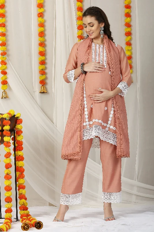 sleep bras for all night comfortLuxe Fawn Chanderi Maternity & Nursing Kurta + Bump Band Bottom + Dupatta (3 Pc)