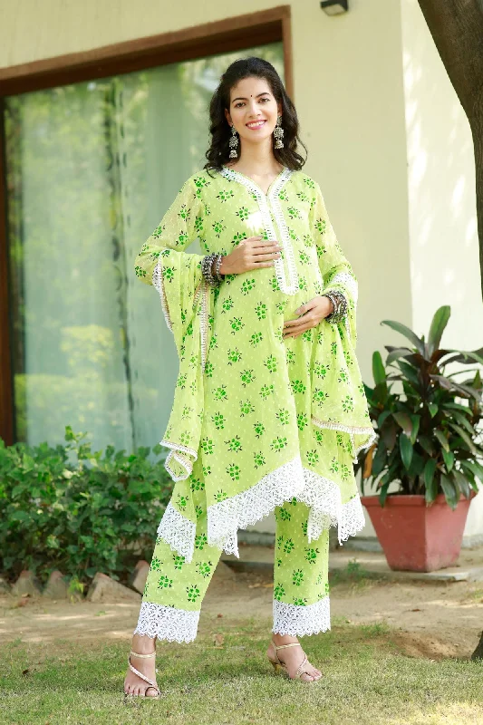 seamless t - shirt bras for everyday wearLuxe Lime Green Floral Maternity & Nursing Kurta + Bump Band Bottom + Dupatta (3 Pc)
