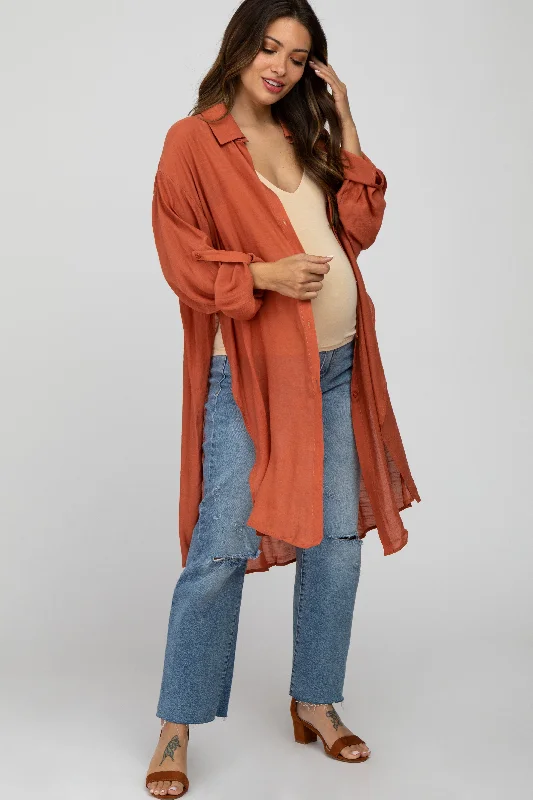 underwire bras with maximum supportRust Button Front Side Slit Oversized Maternity Blouse