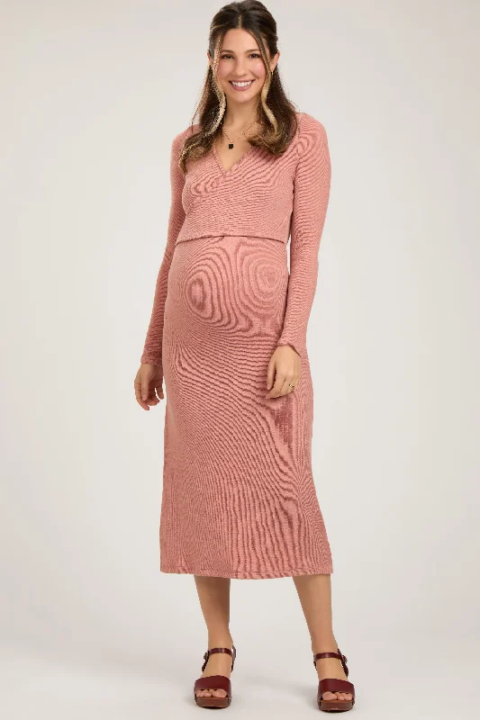 plunge wireless bras for a natural lookRust Ribbed Long Sleeve Maternity Wrap Nursing Dress