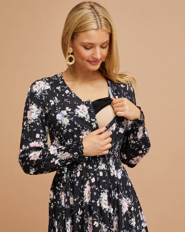 moisture wicking convertible brasShirred Nursing Dress - Black Floral Print