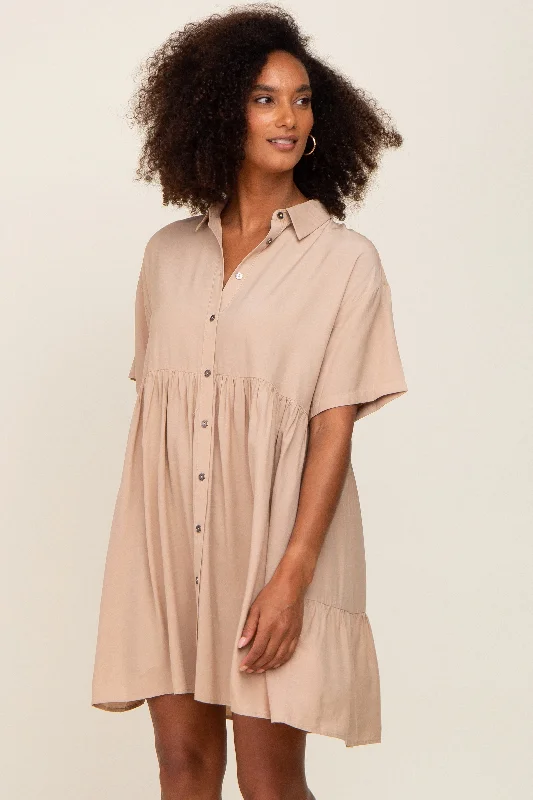 minimizer plus size bras for curvy figuresTaupe Buttondown Short Sleeve Dress