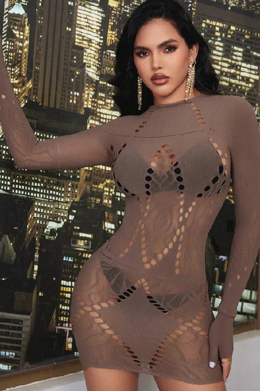 lace trimmed women sexy lingerieTaupe Sexy Long Sleeves Bodystocking Mini Dress