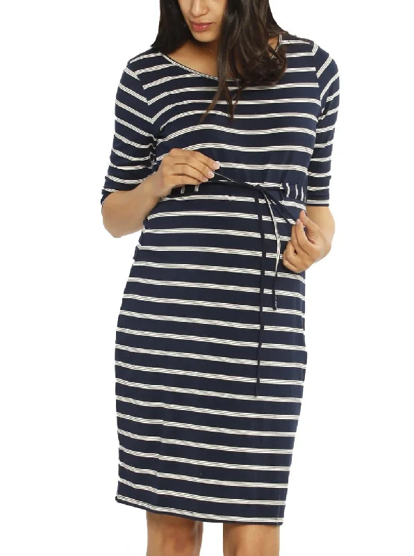 moisture wicking convertible brasThe Mummy Drawstring Half Sleeve Dress - Navy & White Stripes