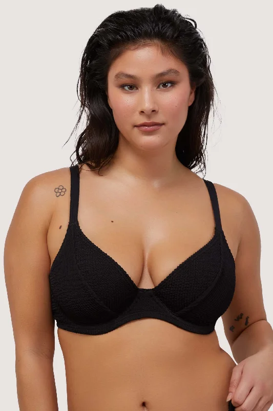 minimizer underwire bras for more controlBlack Textured Wired Plunge Bikini Top
