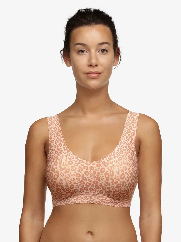 Bra with a breathable lining for a cool feel Chantelle Soft Stretch Padded V-Neck Crop Top Wireless Lounge Bra in Leo Neutral Print Bra with a breathable lining for a cool feel Chantelle Soft Stretch Padded V-Neck Crop Top Wireless Lounge Bra in Leo Neutral Print